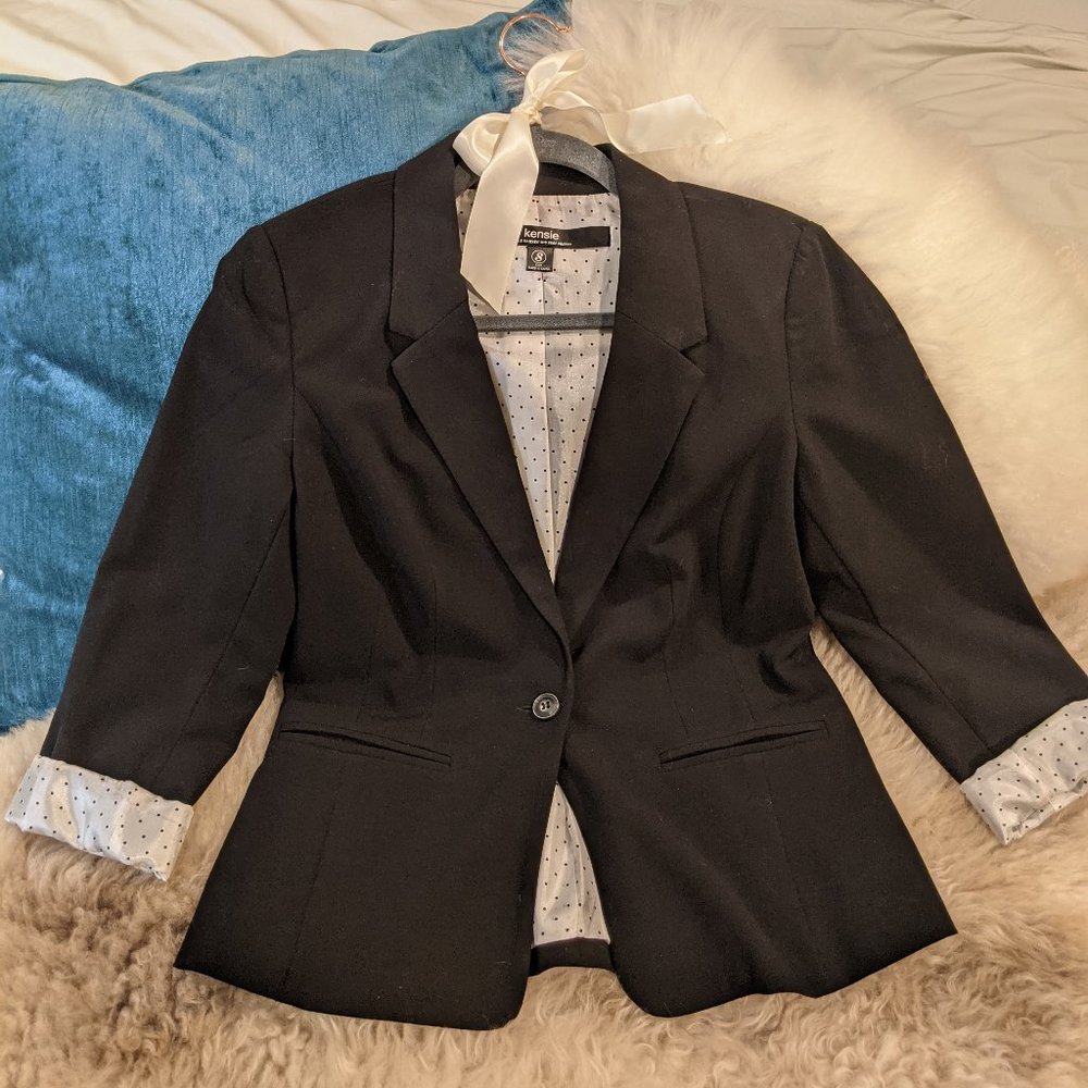 Kensie Black Blazer - Fully Lined with Polka-Dot fabric + cuffed sleeves (Small)